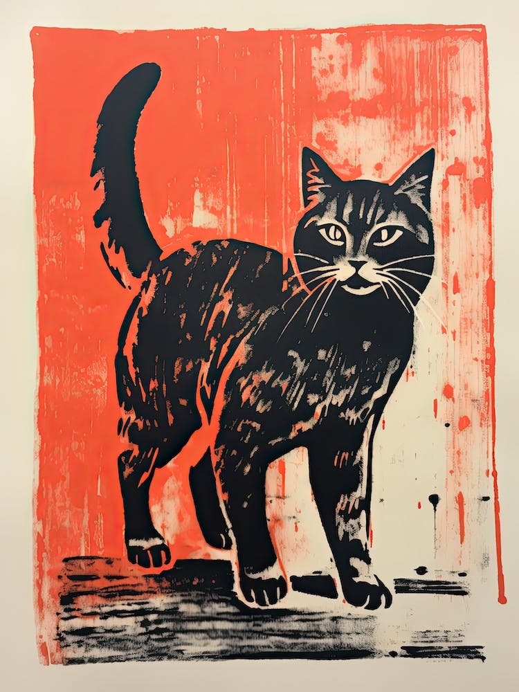 Black Cat, Woodblock Animal  Drawing 8