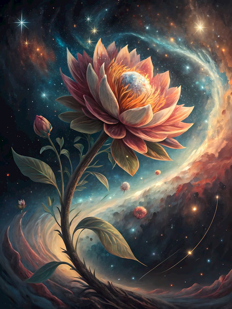 Oil Painting Style Cosmic Lotus Bloom Surreal Floral Universe with Stars
