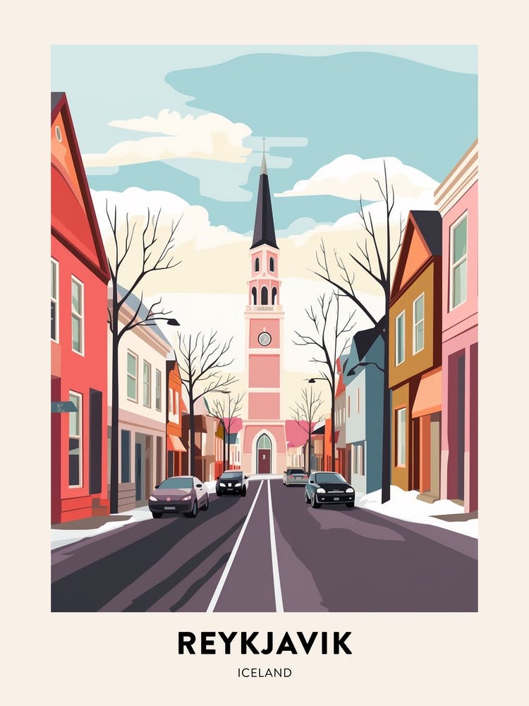 Vintage Winter Travel Poster Reykjavik Iceland 2