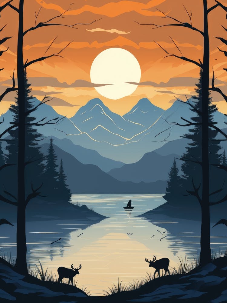 Sunset Landscape With Deer