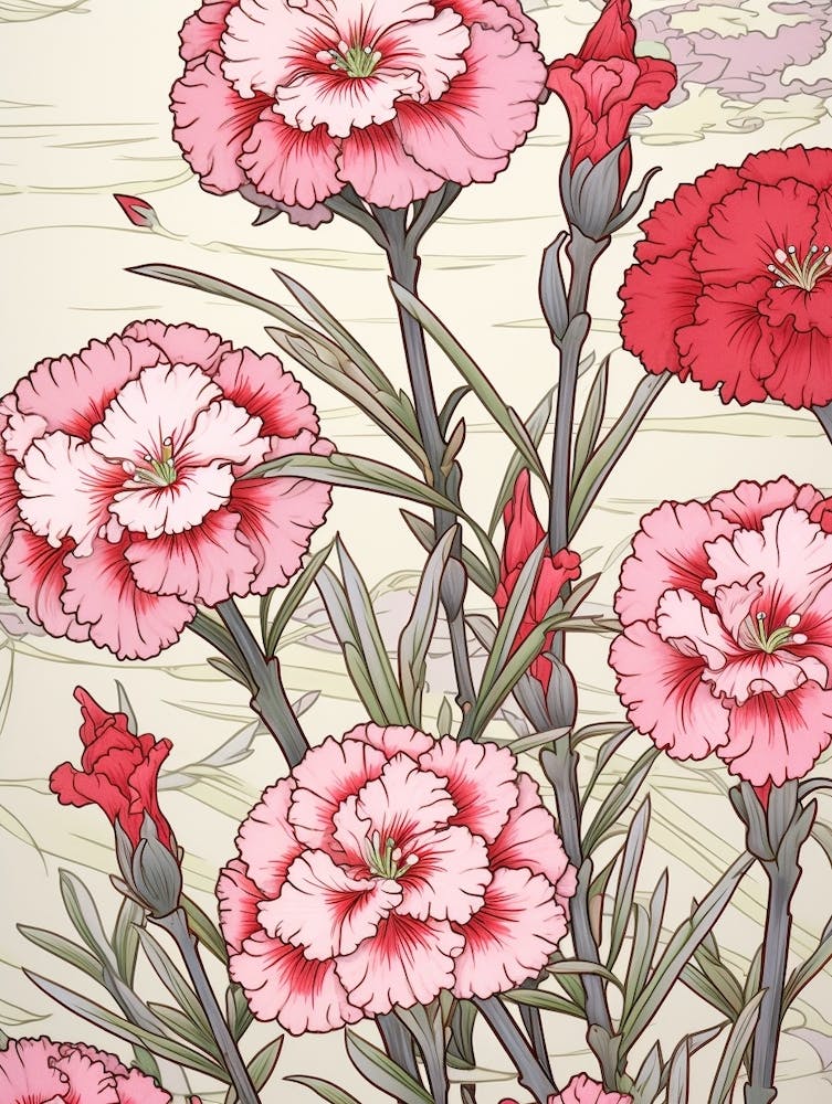 Nadeshiko Dianthus 2 Vintage Japanese Botanical