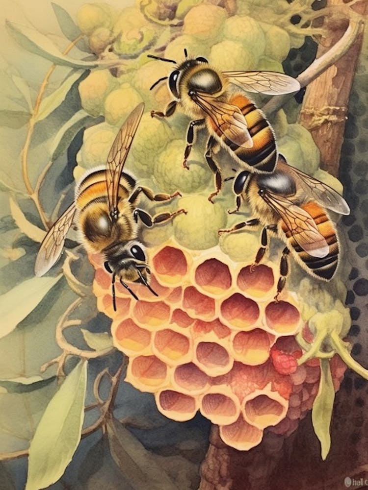 Uropean Wool Carder Bee Beehive Watercolour Illustration 2