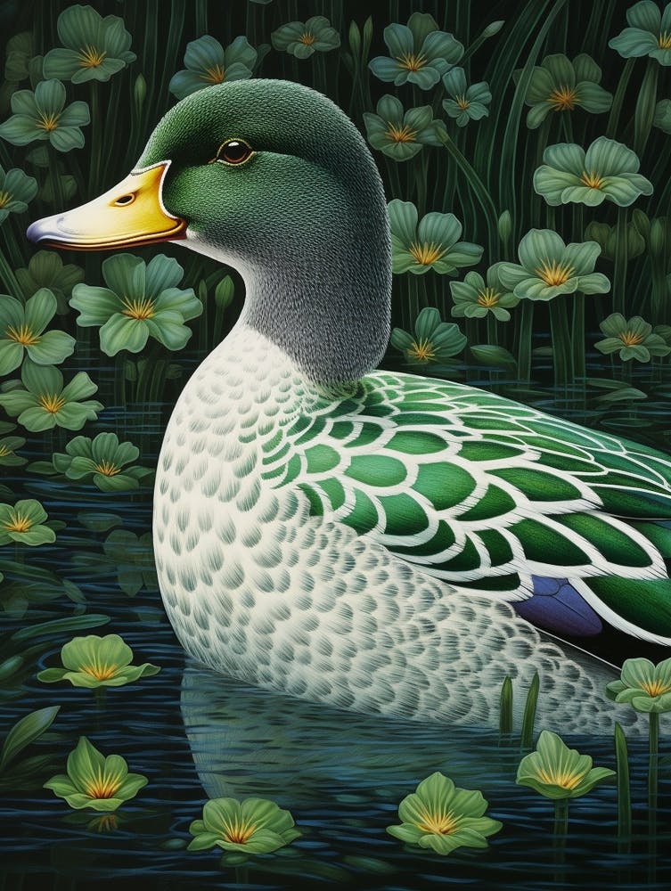 Ohara Koson Inspired Bird Painting Mallard Duck 1