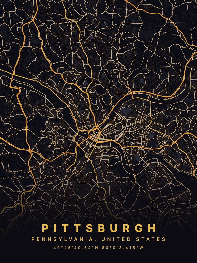 Pittsburgh Pennsylvania Usa Black And Gold Map