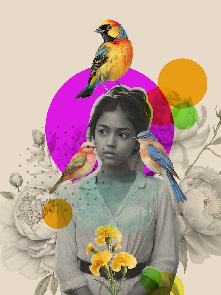 Girl With Birds And Flowers