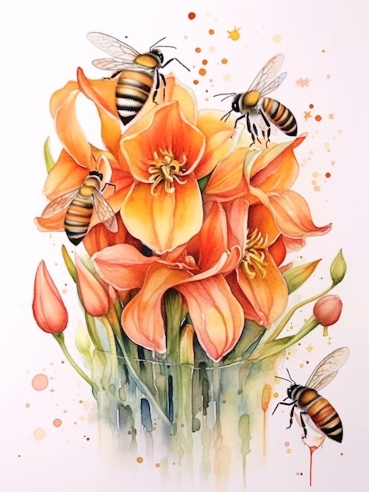 Beehive With Lilies Watercolour Illustration 3