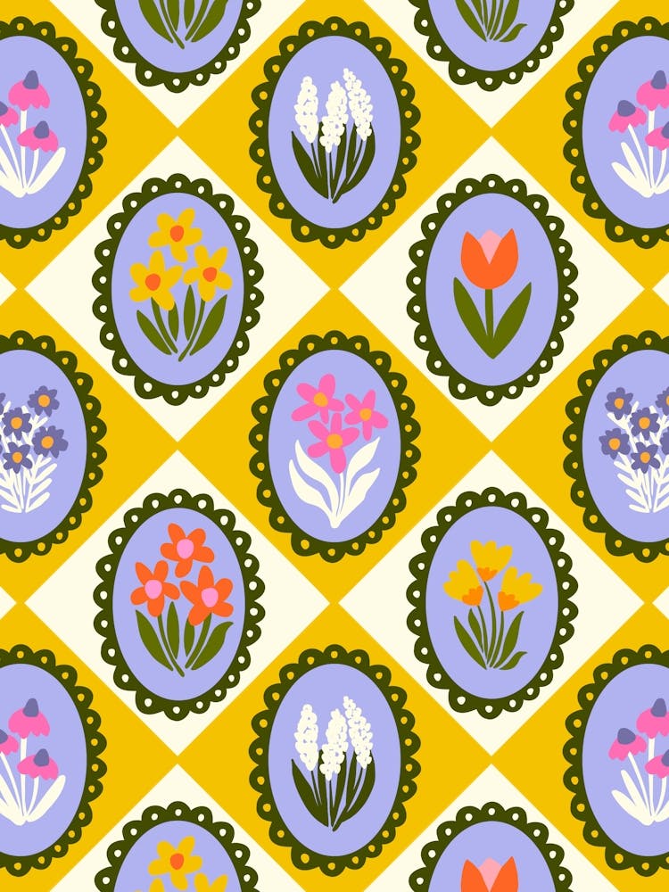Blumenrahmen im Vintage-Stil Gelb-Weißer Rautenharlekin