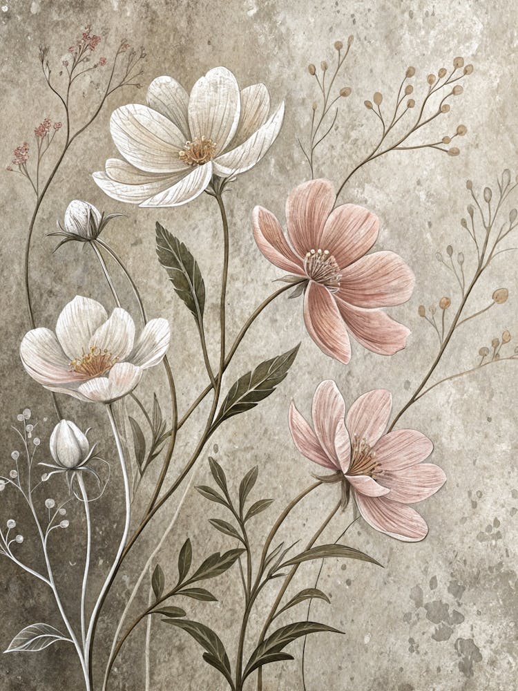 Tinywow Oil Painting Style Subtle Floral Outlines On Concr 81044900