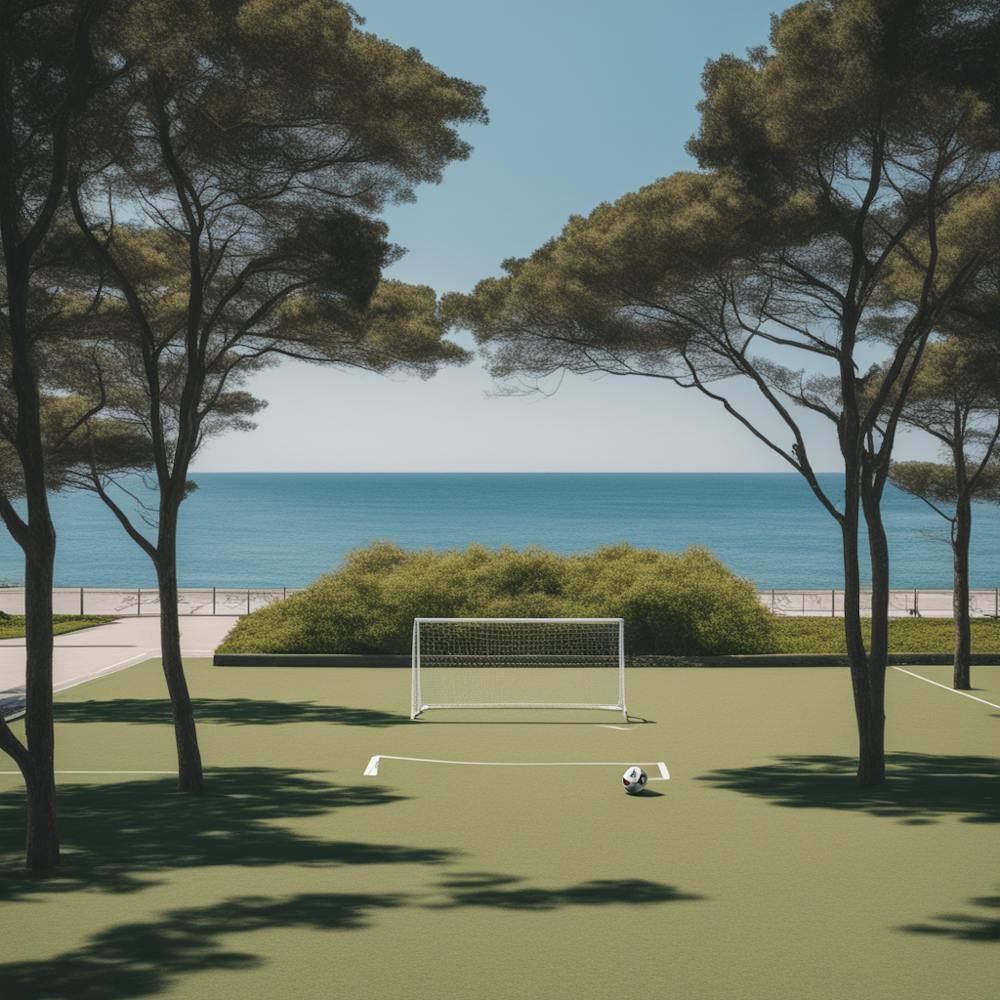 Football Field In Front Of The Sea And Trees