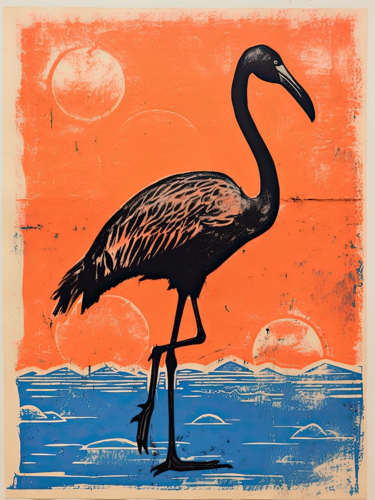 Flamingo, Woodblock Animal  Drawing 7