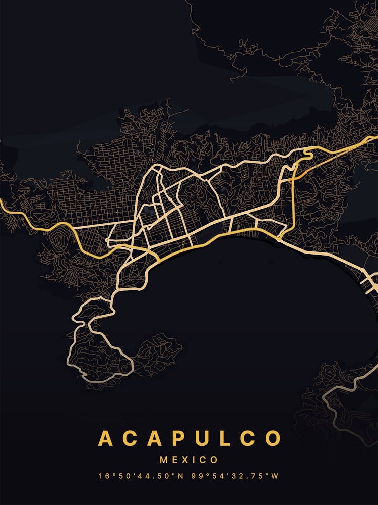 Acapulco Mexico Black And Gold Map