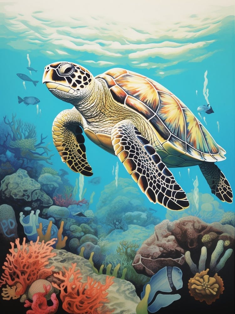 Sea Turtle In The Ocean Linograph Illustration 7