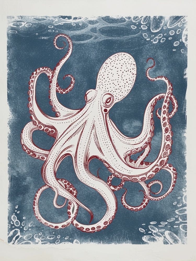 Navy Blue & Red Linocut Inspired Octopus 6