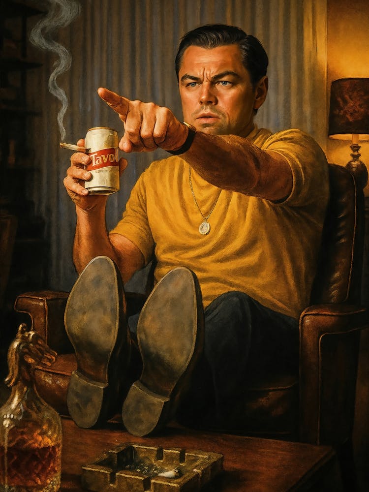 Capture the iconic moment with Leonardo DiCaprio pointing in this vintage pop art-style Displate. Featuring Rick Dalton from Hollywood cinema, this trending meme blends humor, Leo's classic beer and cigarette pose, and a nod to movie culture. Perfect for fans of actor DiCaprio and Tarantino!