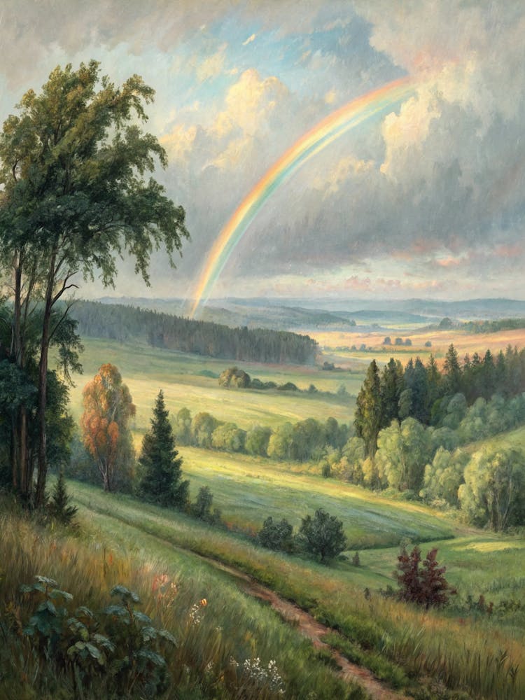Oil Painting Style Muted Rainbow Over Distant