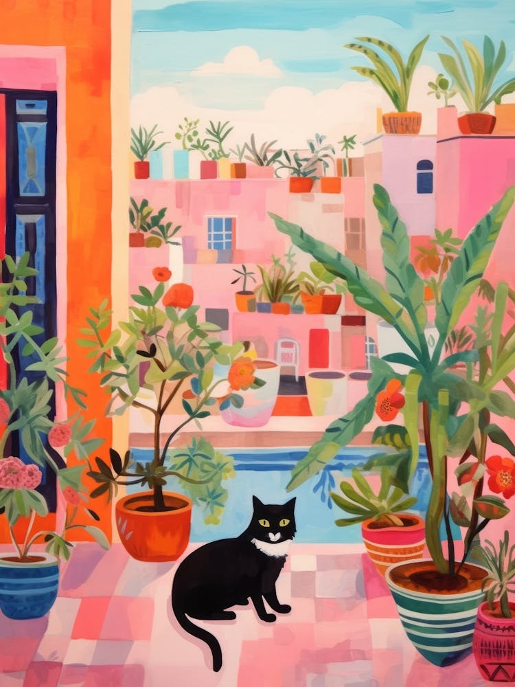 Cat with Plants. Gouache Painting