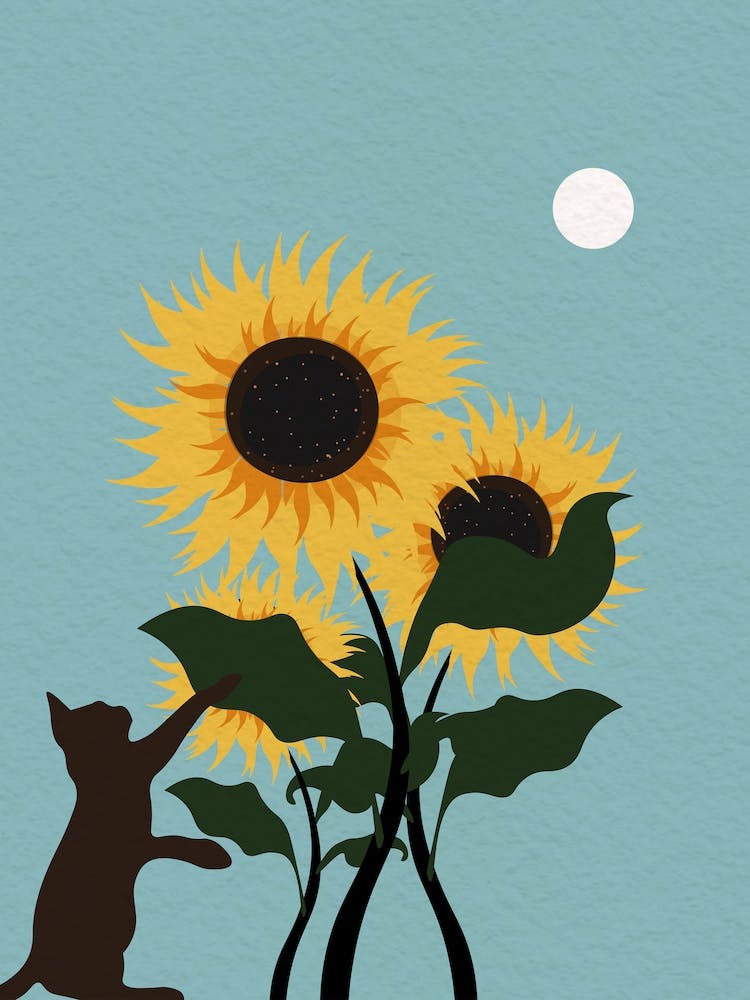 Vintage Minimal Art Cat Playing Sunflowers
