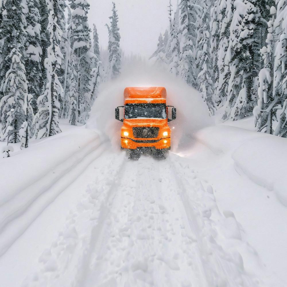 Orange Truck Driving Through Snowy Forest
