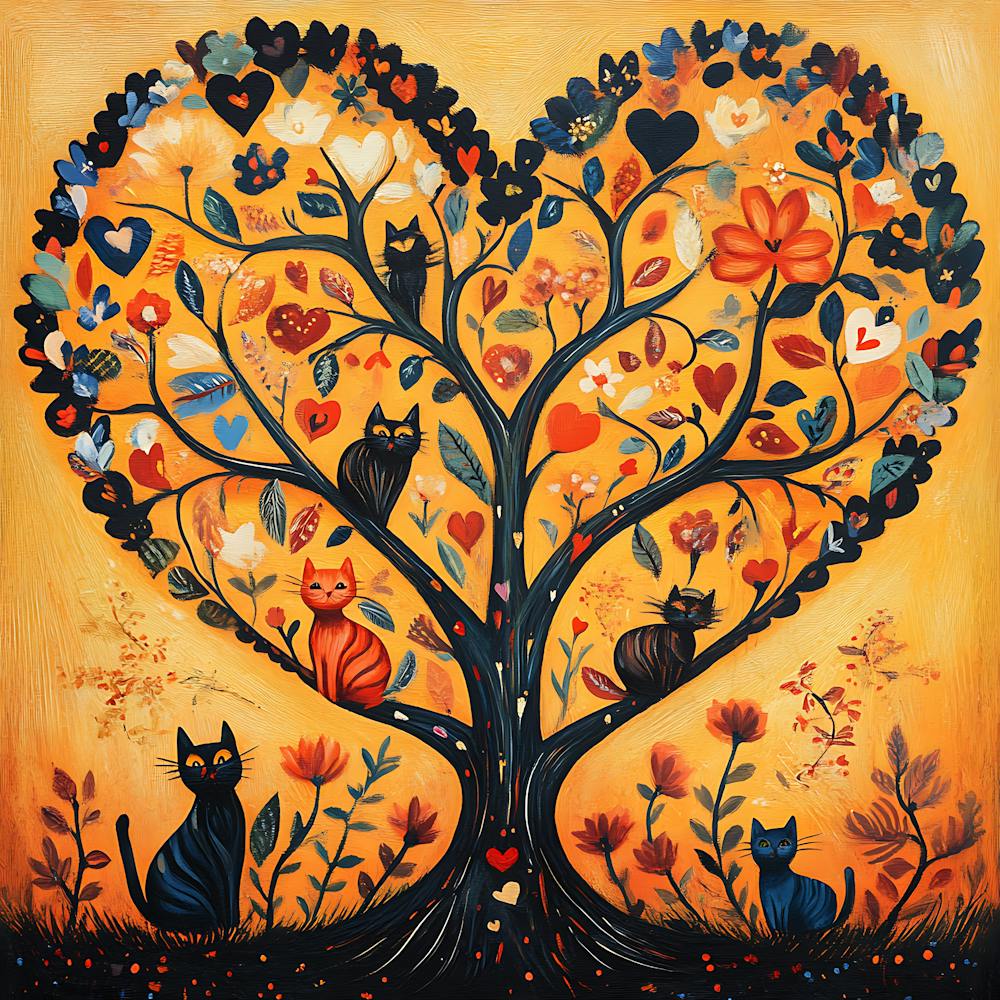 Folk Art Heart Tree Cat Climbing Artwork 12