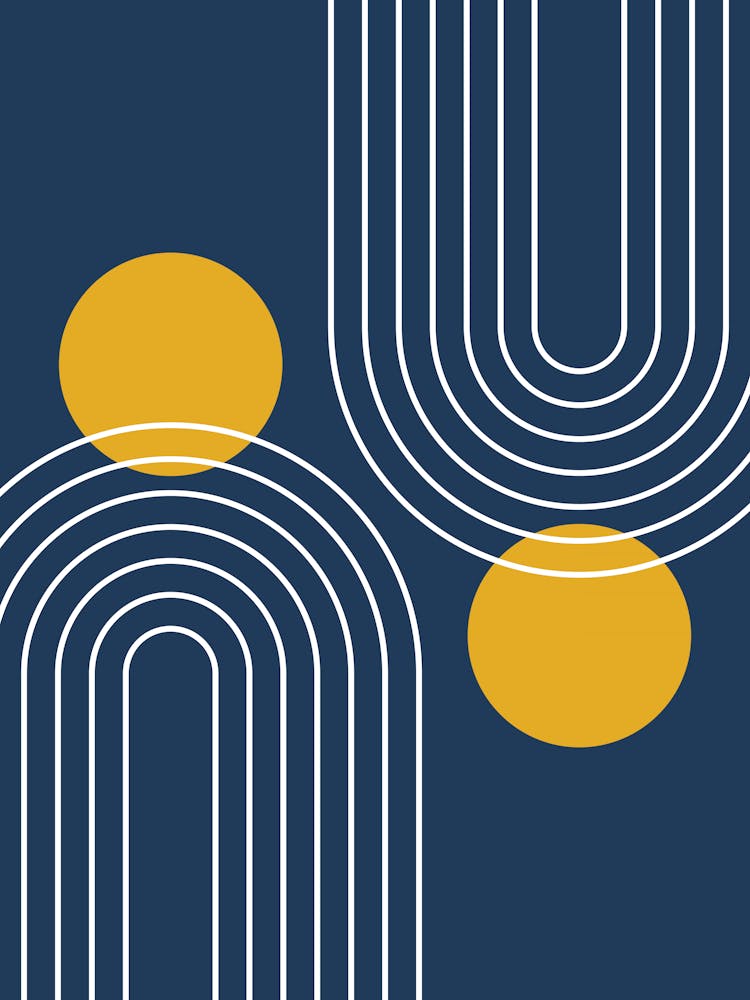 Mid Century Modern Geometric In Navy Blue And Mustard Yellow (Rainbow And Sun Abstract) 01