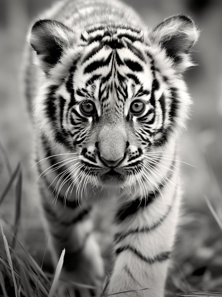 Black And White Photograph Of A Tiger Cub