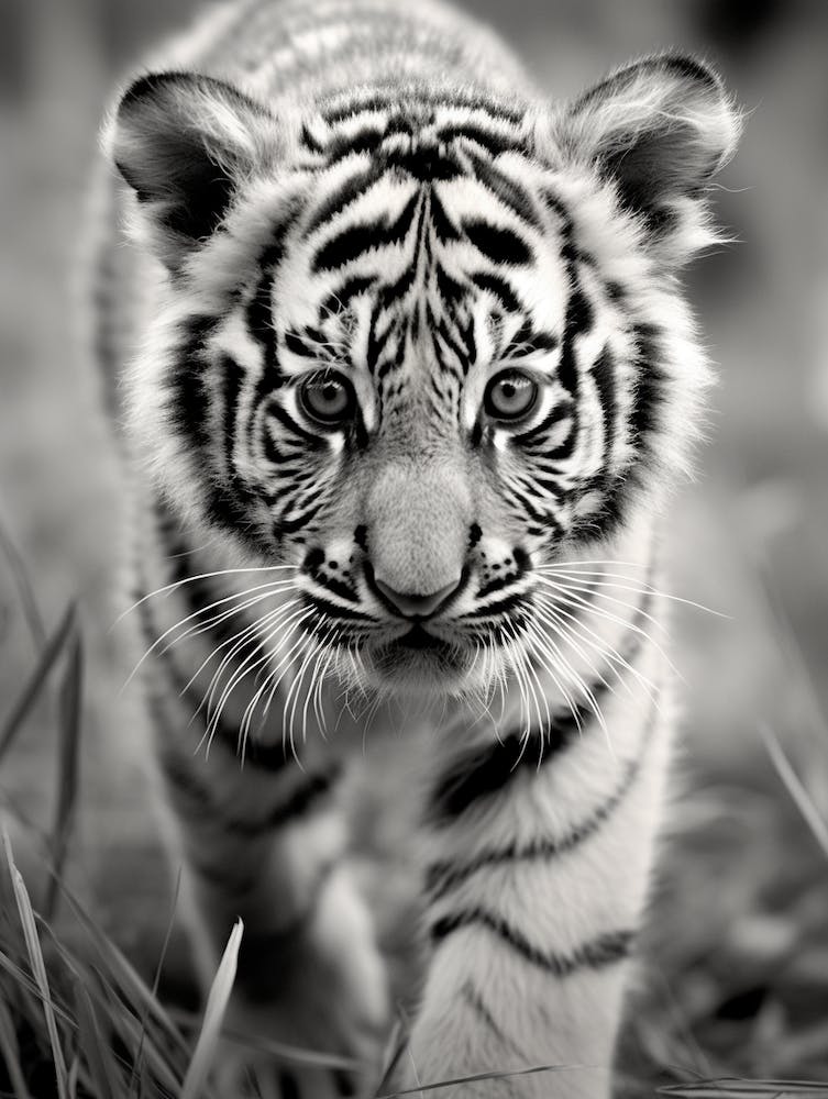 Black And White Photograph Of A Tiger Cub