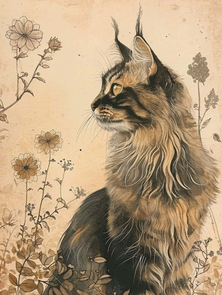 Maine Coon Cat Japanese Illustration 3