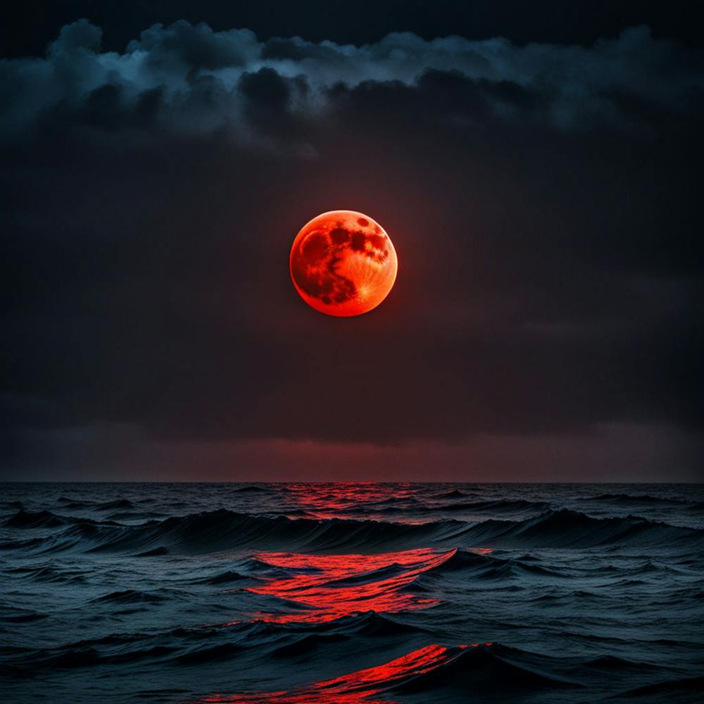 Red Moon Over The Ocean
