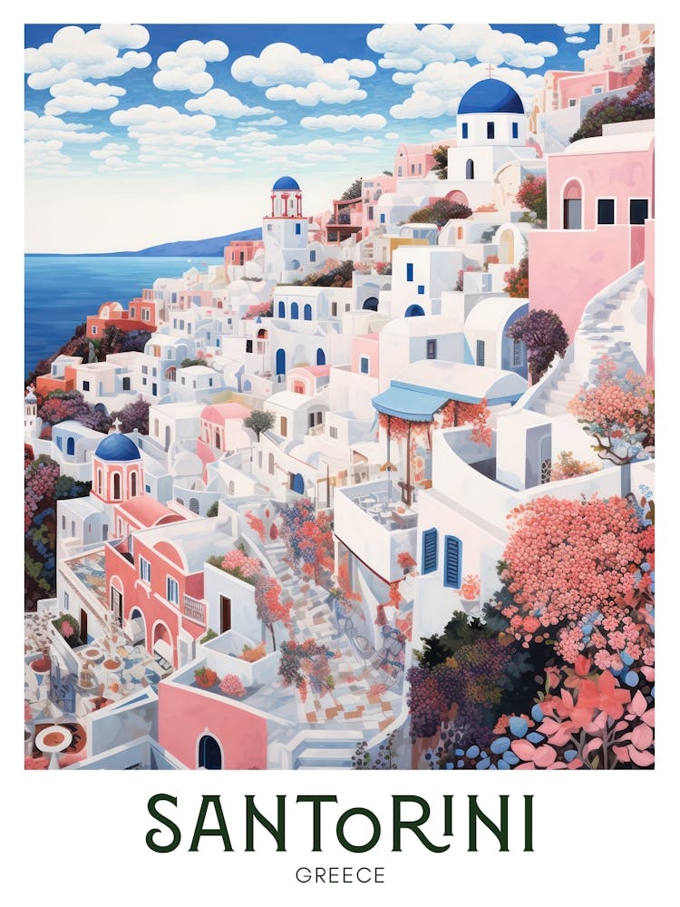 Santorini, Greece Maximalist Travel Poster Vibrant Colour 