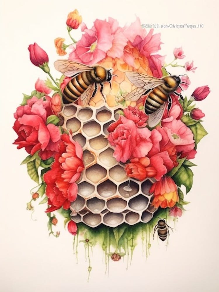 Beehive With Snapdragons Watercolour Illustration 3