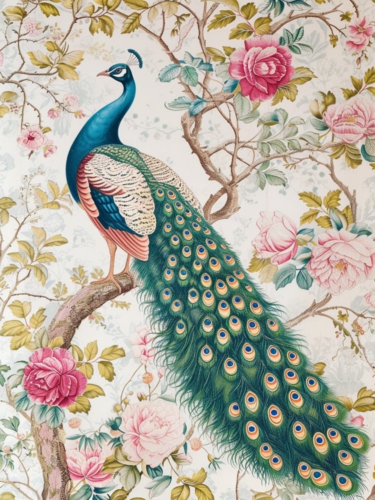 Floral Pink Roses Peacock Wallpaper