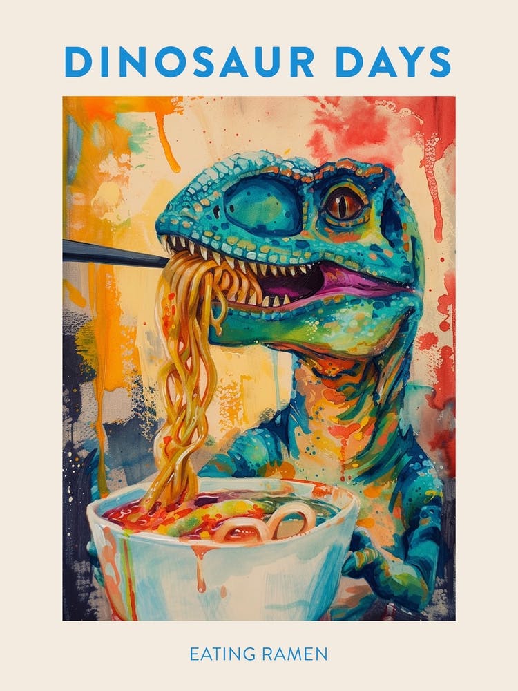 Dinosaure Mangeant des Ramen Affiche Bleu Vert 1