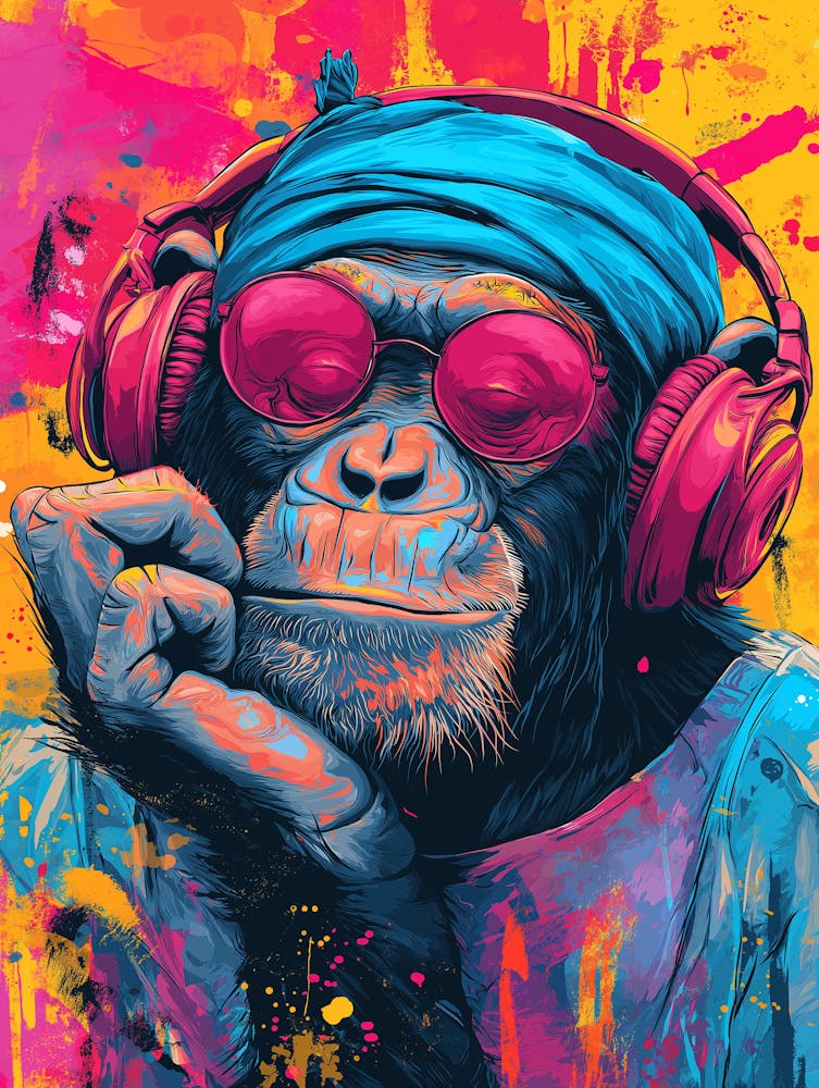 Earphone Animal Chimpanzees Gaming Funky Painting