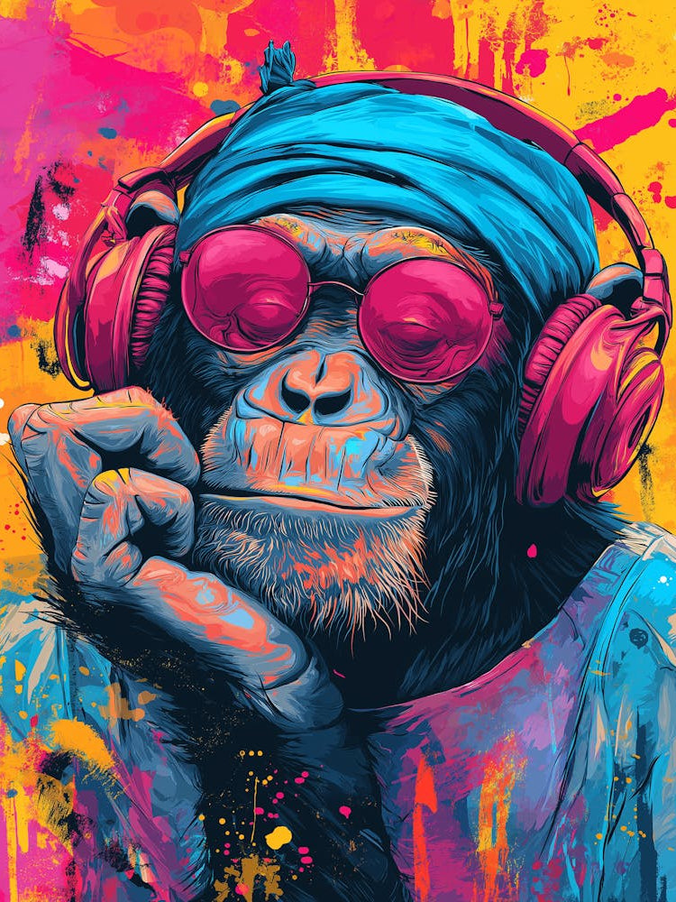 Earphone Animal Chimpanzees Gaming Funky Painting