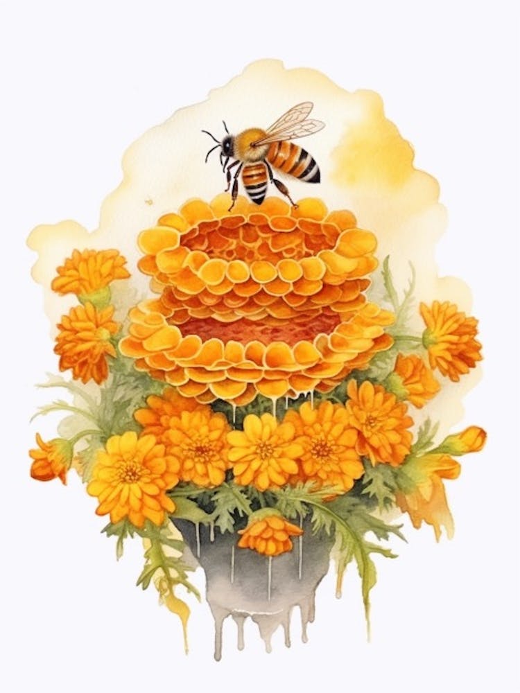 Beehive With Marigold Watercolour Illustration 1