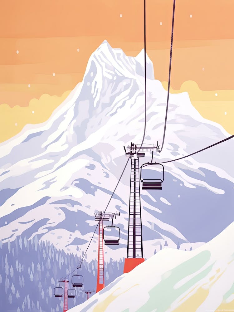 Chamonix Mont Blanc   France, Ski Resort Pastel Colours Illustration 3