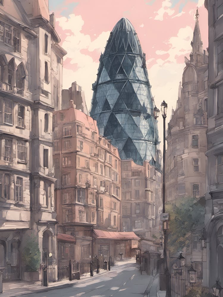 Gherkin Building Monument de Londres Overwatch Sombre Rue Style Studio Ghibli