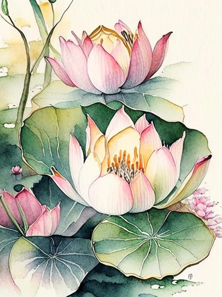 Fleurs de Lotus dans un Parc Aquarelle Encre Crayon 6