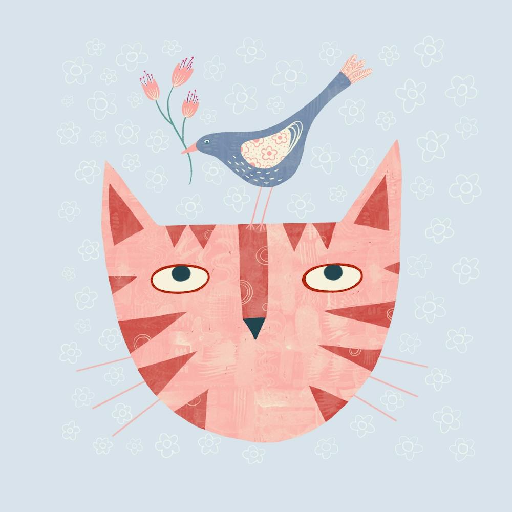 Cat with Bird and Flower