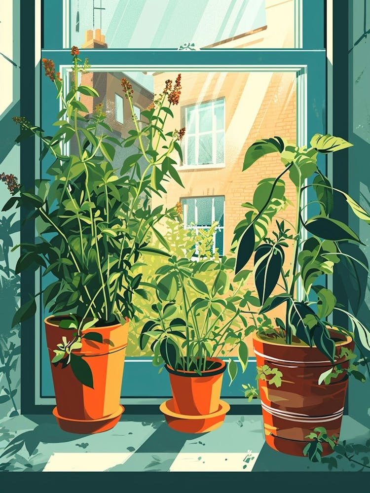 Sweet Illustrations Of Potted Herbs On The Windowsil 3