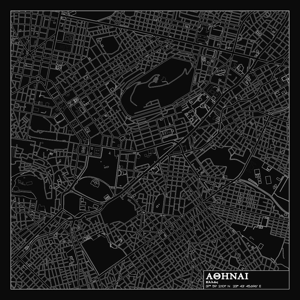 Αθήναι, Ελλάς, (Athens, Greece) City Map White On Black Blueprint Design