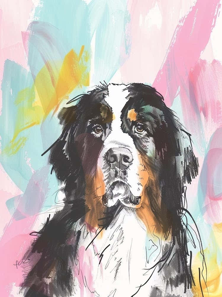 Bernese Mountain Dog Dog Pastel Line Watercolour Illustration  3