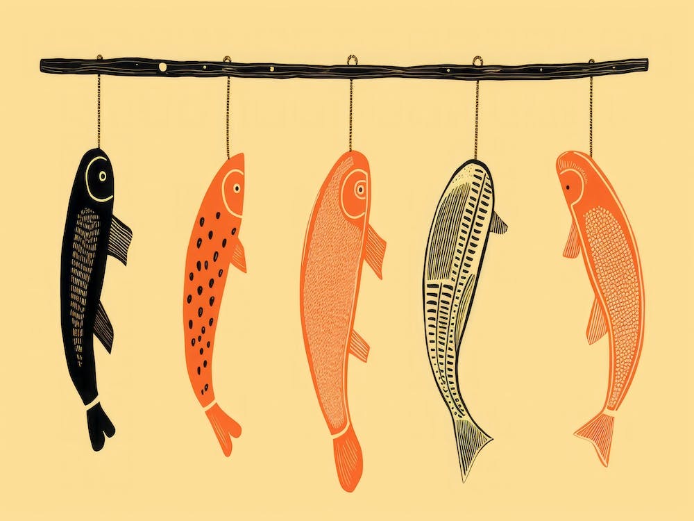 Fische, die an einem Ast hängen