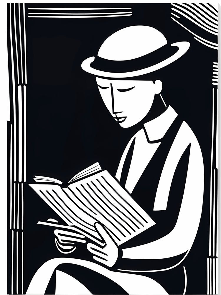 Lion cut inspired Black and white Stylized portrait of a Person reading a book, reading art, book worm, Reader 180