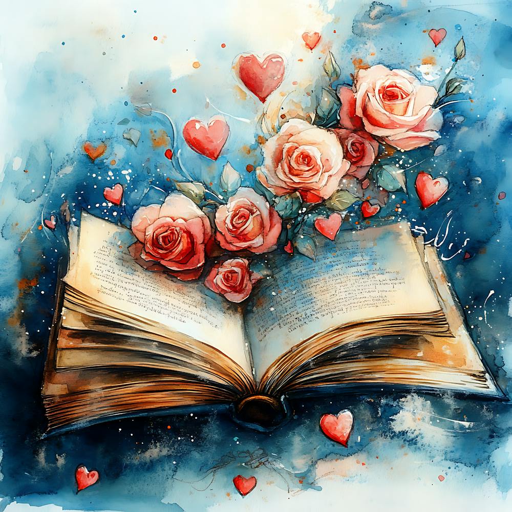 Watercolor Romantic Book Roses Hearts 4