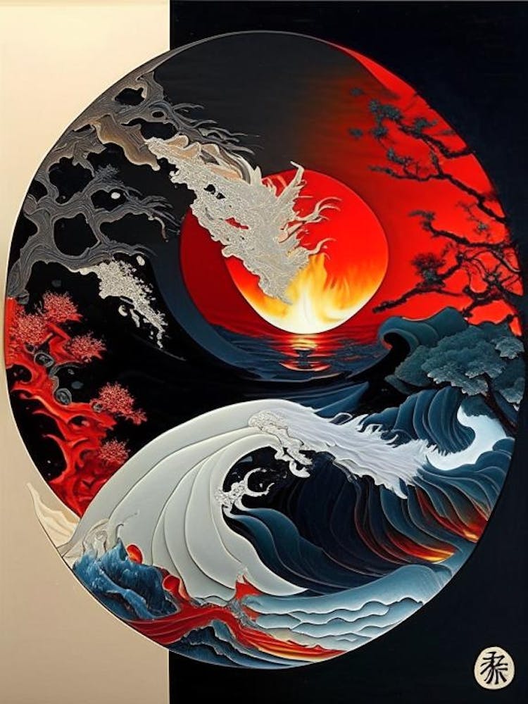 Fire And Water Yin and Yang Japanese Ukiyo E Style