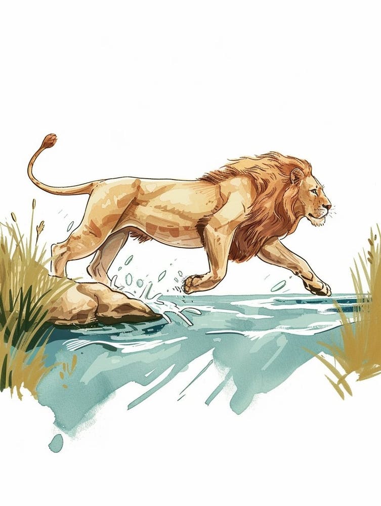 Barbary Lion Crossing A River Clipart 4