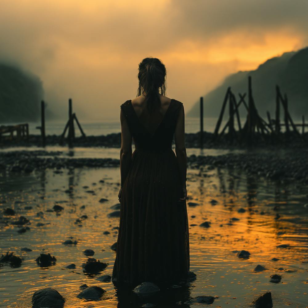 Woman Standing In Water At Sunset
