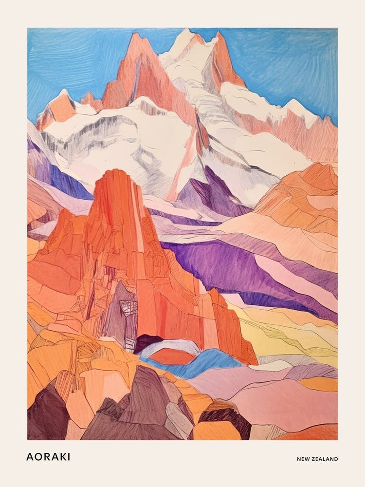 Aoraki New Zealand 3 Colourful Mountain Illustration Poster