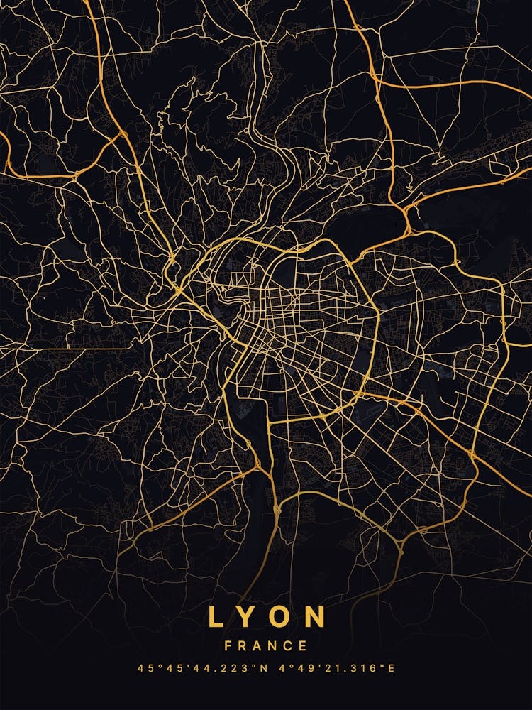 Lyon France Black And Gold Map